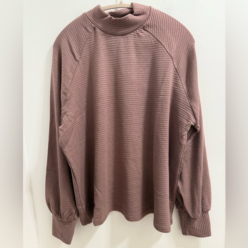 Very J Mocha Ribbed Mock Neck Long Sleeve Textured Top